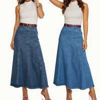 Jupe longue en jean taille haute pour femme grande taille, coupe trapèze, bleu foncé délavé, classique, en coton, pour l'été, vente en gros