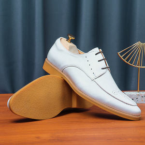 Derbies d'affaires décontractés en cuir pour hommes, blanc, automne, mariage, à lacets, bout pointu, en cuir véritable, respirant, britannique, sculpté - Product Image 4