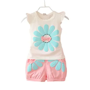 Low price wholesale 2020 summer kids clothes set cute print flower girls pullover short-sleeve and scanties 2-piece kids clothes