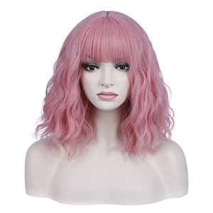Prix <span class=keywords><strong>pas</strong></span> <span class=keywords><strong>cher</strong></span> <span class=keywords><strong>Halloween</strong></span> Party court bouclé dentelle avant Rose haute température soie rose perruques de cheveux synthétiques - Product Image 1
