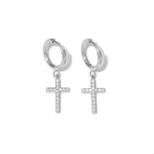 Pendientes de Aro Populares y Sencillos al por Mayor, Unisex, de Acero Inoxidable con Cruz y Piedras Preciosas - Product Image 1