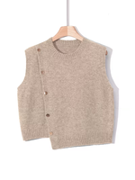 Gilet en tricot respirant beige pour femme, pièce décontractée d'été à superposer, col rond sans manches avec accents de boutons dorés