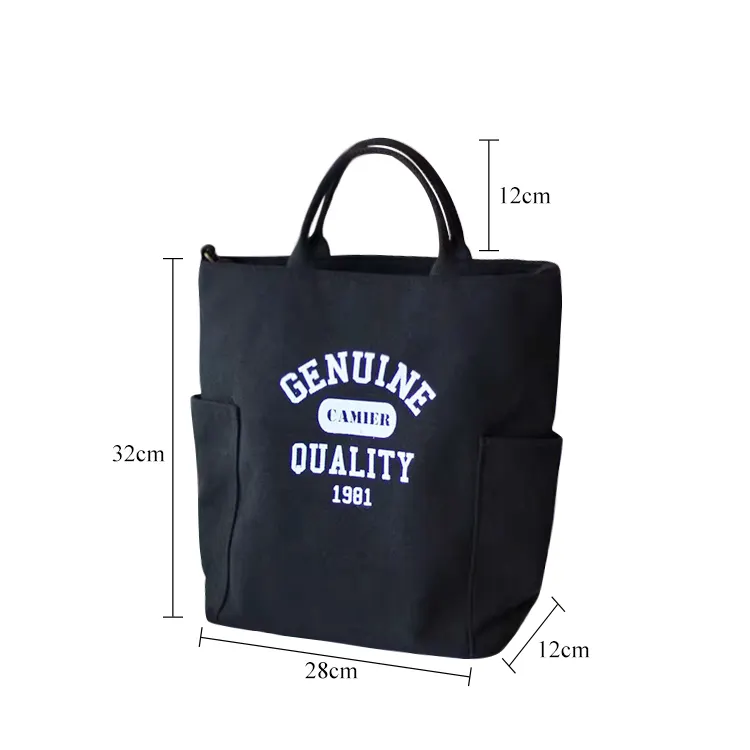 Hot Sale Black Heavy Canvas Short Portable Hand Bag Utility Tote Bag With Custom Logo And Zipper