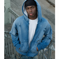 Sudadera con capucha y cremallera para hombre, estilo urbano, 100% algodón, estampado con salpicaduras de pintura, oversize, lavada, desgastada y rasgada