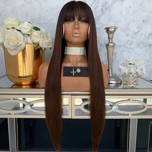 Perruque Lace Front wig sans colle brésilienne naturelle, cheveux vierges lisses, couleur ombré brun, cuticule, pre-plucked, avec frange, pour femmes