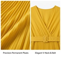 Robe longue plissée jaune personnalisée à col en V, manches lanternes, ceinture, en mousseline, pleine longueur, pour soirée élégante, OEM ODM