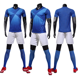 Maillot de football pour homme, bleu, à blocs de couleur, col en V, manches courtes, polyester respirant, toutes saisons, ensemble de vêtements de football - Product Image 1