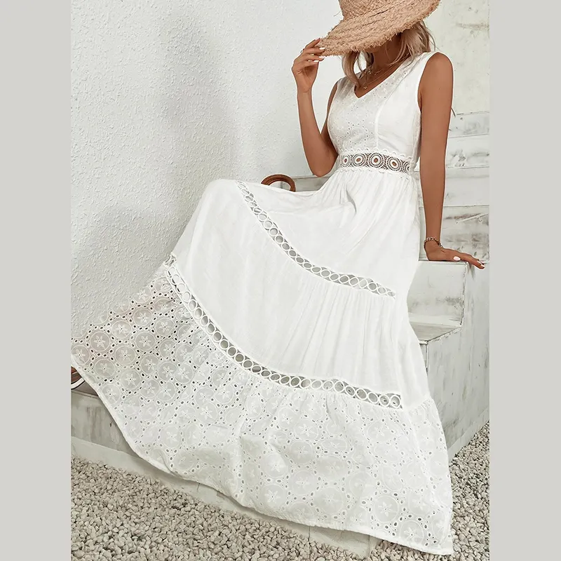 Hot Sales Elegant White Lace Long Casual Leisure Dress Embroidery Ruffle Lace Up Eyelet Maxi Dress For Women