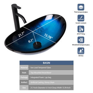 Évier vasque en verre bleu avec robinet cascade et évier <span class=keywords><strong>de</strong></span> salle <span class=keywords><strong>de</strong></span> bain ovale à drain escamotable, évier en verre trempé en forme <span class=keywords><strong>de</strong></span> <span class=keywords><strong>bateau</strong></span> artistique - Product Image 6