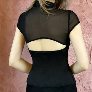 Women Cheongsam Collar Mesh <b>Patchwork</b> Short Sleeve T Shirt Waist Fit Knit <b>Top</b> Chinese Style Ladies Summer <b>Top</b> - Product Image 5