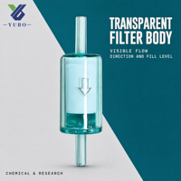 Filtre vert transparent avec flèche de débit creuse et deux extrémités tubulaires pour les tests de préfiltration de solvants et en laboratoire