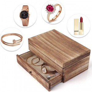 Solid Wood Jewelry <b>Box</b> Double Layer With <b>Mirror</b> And Drawer Rustic Style Rectangle 25x15x11cm For Women's Jewelry Storage - Product Image 3