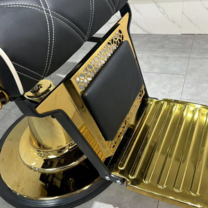 Fauteuil de coiffure haut de gamme avec structure métallique durable, base dorée, pivotant à 360°, en cuir PU de luxe - Product Image 4