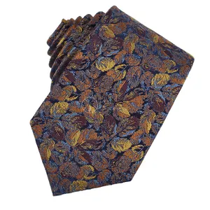 Cravate de broderie tissée en soie de mûrier, de luxe, usine de Shengzhou, jaune marron, feuilles de feuillage, cravate pour hommes, accessoires