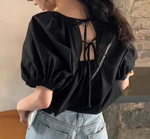 Chemisier <span class=keywords><strong>noir</strong></span> à nouer pour <span class=keywords><strong>femme</strong></span> <span class=keywords><strong>Top</strong></span> à manches bouffantes T-Shirt décontracté et <span class=keywords><strong>chic</strong></span> Summer Loose Fit Cute Boho Style Streetwear - Product Image 1