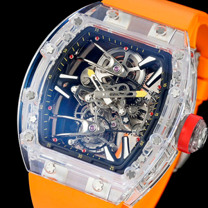 Men's Clear Crystal <b>Skeleton</b> <b>Automatic</b> Mechanical <b>Watch</b>, Tonneau-Shaped Orange Rubber <b>Watch</b> - Product Image 2