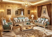 Ensemble de canapés sectionnels de luxe européens en bois massif sculpté à la main, recouverts de tissu et de feuilles d'or, pour salon de villa