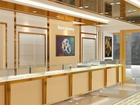 Comptoir de présentation de bijoux en contreplaqué de luxe avec éclairage LED doré moderne, conçu sur mesure pour les salles d'exposition et les centres commerciaux
