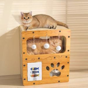 بيت حيوان أليف مموج 2 في 1 متين لخدش القطط بني داخلي مع لوح خدش للقطط مصنوع من الخشب والورق - Product Image 3