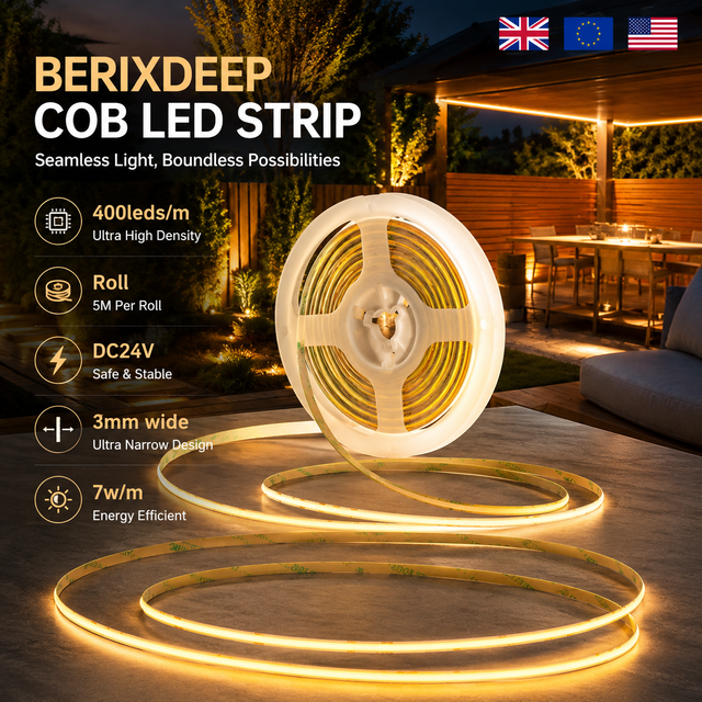 COB LED Strip Roll 400 LEDs/m 3mm DC24V 7W/M Self-adhesive Dimmable Cuttable Bendable Dotless LED Tape for Interior Decoration