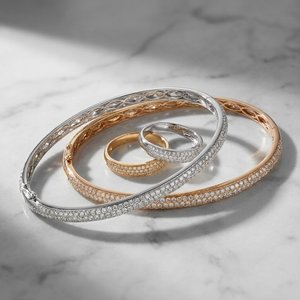 Xinfly Solid 18K <b>Gold</b> Three-Row Natural Diamond Pave <b>Bangle</b> Ring <b>Set</b> Stellar River Series AU75e FineJewelry for Women - Product Image 1