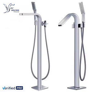 Grifo de Bañera Independiente de Lujo Moderno YF, Mezclador de <span class=keywords><strong>Ducha</strong></span> de Latón Montado en el Suelo con Rociador de Mano, Negro Cromado - Product Image 1