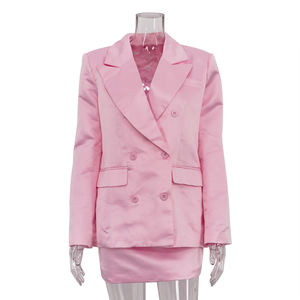 双排扣时尚办公正装粉色绸缎女装套装套装两件套西装外套迷你裙套装女 - Product Image 4