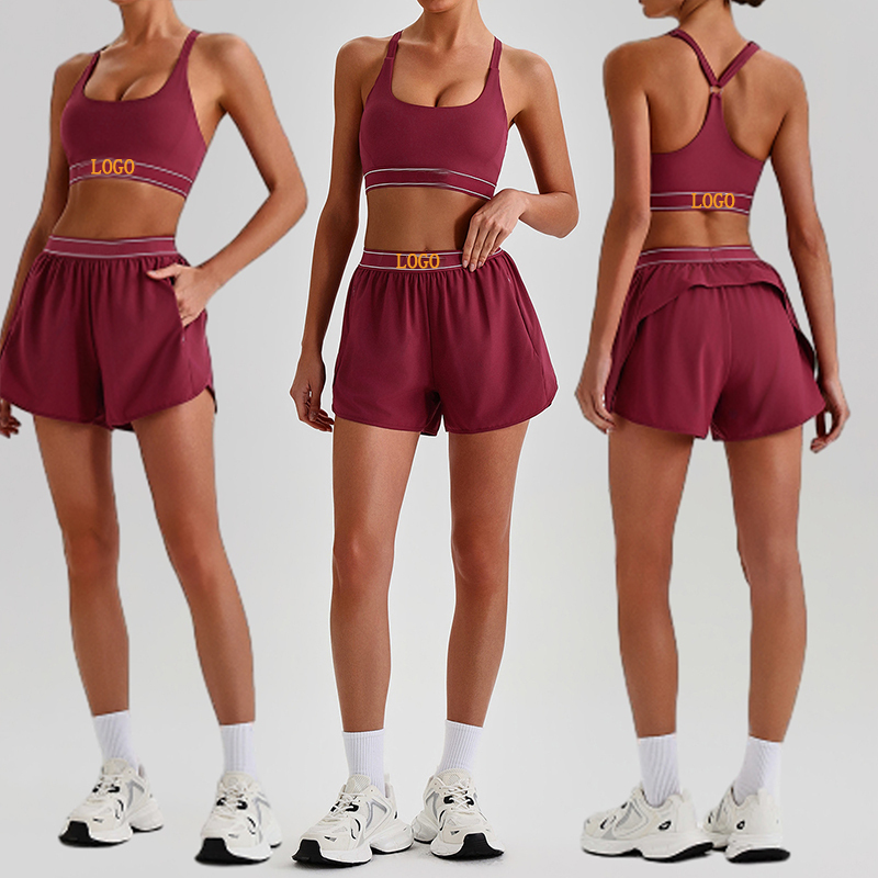 Wholesale Custom Logo Sports YogaShortsSet Solid NudeBreathable 2 Piece Outfit High Waist Quick Dry Running Shorts Set For Women