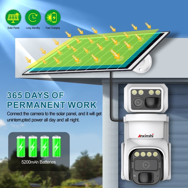 Dual Lens HD 4K CCTV Outdoor Solar Camera with Audible Alarm Two-Way Video Color PTZ Solar Style CMOS Sensor WiFi Connectivity