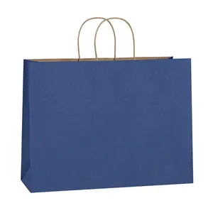 Diseño personalizado azul marino bolsas de papel Kraft bolsas de regalo con asas bolsas de mercancía al por menor para recuerdo de fiesta de boda