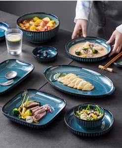 Bộ đồ ăn sứ Âu kiểu dáng sáng tạo, men đổi màu lò xanh, đĩa nông kẻ sọc, bát cơm, bát súp, bộ đồ ăn gia đình - Product Image 2