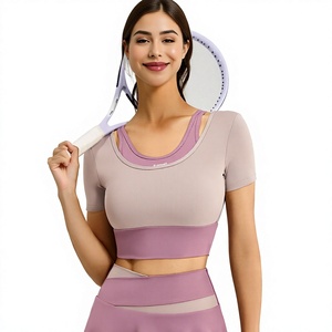 Women's Breathable Built-in Bra Pad Yoga <b>Top</b> Crew Neck Short Sleeve Regular Fit Plus Size Solid <b>Shrug</b> Cropped Activewear - Product Image 3
