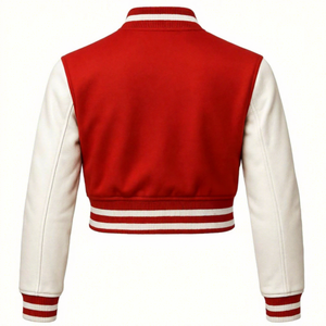 Red <b>White</b> Varsity <b>Jacket</b> PU Material Stand Button Closure Unisex Preppy Style <b>Short</b> Length Regular Sleeve Winter Windproof Front - Product Image 2