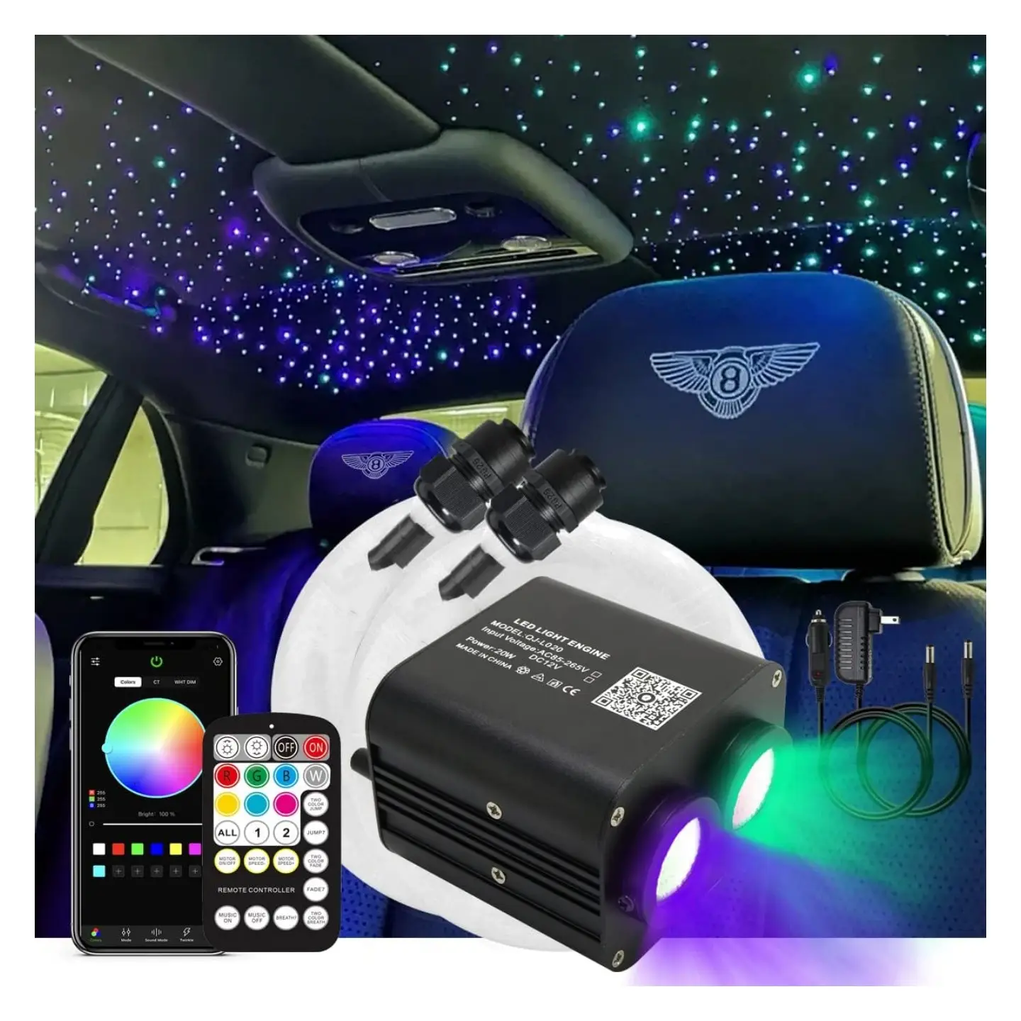 DC12v Twinkle 20W Doppelfarbiger Starlight Headliner-Kit 1070 gemischte Fasern schallabaktivierte Bluetooth APP Fernsteuerung