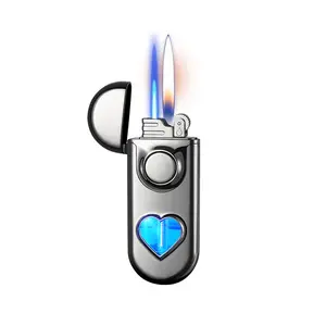 Double flame lighter direct charging windproof inflatable grinding wheel open flame love LED blue light air chamber