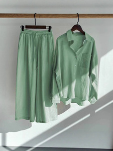 Completo due pezzi da <span class=keywords><strong>donna</strong></span> vintage taglie forti in cotone e <span class=keywords><strong>lino</strong></span>, tinta unita, con bottoni, lunghezza sopra il ginocchio, composto da camicia e <span class=keywords><strong>pantaloni</strong></span> a vita alta larghi 171 - Product Image 2