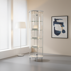 ตู้โชว์กระจกทรงกลมทันสมัย 70x190 ซม. สีขาวเงา ไฟ LED ชั้นวางปรับได้ ประตูบานพับ - Product Image 3