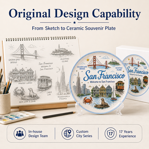 Plato Decorativo de Cerámica de Recuerdo de <span class=keywords><strong>San</strong></span> <span class=keywords><strong>Francisco</strong></span>, EE. UU., con Diseño de Teleférico, León Marino y Paisaje Urbano, Plato de Gres, Personalizado OEM ODM, Venta al por Mayor - Product Image 4
