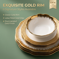 Vente en gros de 18 pièces de vaisselle en porcelaine fine blanche à bord doré, élégante et luxueuse, pour 6 personnes, avec boîte cadeau