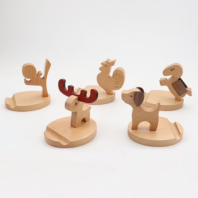 Customizable Solid Wood Animal Design Multifunction Phone Holder INS Style for Home Decoration Collectible for Desktop Office