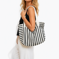 Sac fourre-tout en toile rayée personnalisable avec bandoulière, sac d'épicerie blanc réutilisable avec logo imprimé, sac de shopping pour les voyages et le travail