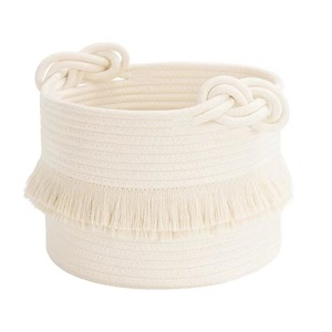 Handmade Cotton <b>Rope</b> Woven <b>Storage</b> <b>Basket</b> Round White And Brown Tassel Design Toy Organizer Standing Type - Product Image 5