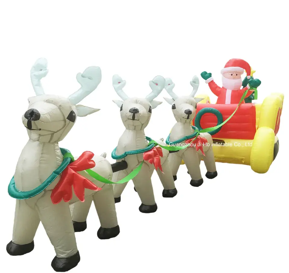 Inflatable Santa Claus On Sleigh with Reindeer and Gift Presents Cute Xmas Holiday Party Display Inflatable Christmas Decoration