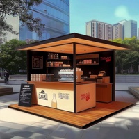 Kiosque alimentaire extérieur personnalisable pour usine de conteneurs, design moderne et écologique en contreplaqué et métal, idéal pour café, boulangerie, crêpes