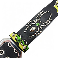 Ceinture unisexe en cuir gaufré crocodile vert foncé avec patch en fourrure de léopard, rivets métalliques et strass, style punk western