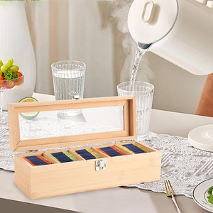 Bamboo Flip-Top <b>Storage</b> <b>Box</b> With Lock Transparent Compartments For Tea Bag Coffee Bag Household Organization Rectangle Shape - Product Image 2