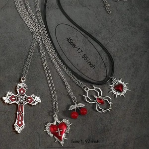 [Gorgeousxx] Ensemble de colliers pendentifs Y2K gothiques avec croix rouge, cœur et cerise pour femme, bijoux de fête - Product Image 3