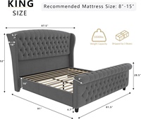 Lit Double Rembourré Style Luxe Européen en Velours Gris Foncé avec Tête et Pied de Lit Capitonnés, Cadre de Lit Grand Format ou Queen Size