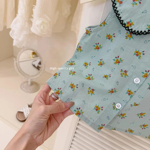 Forest Style Girls Floral Print Peter Pan Collar Vest And Shorts Set Cotton Summer Outfit For Kids - Product Image 3