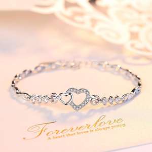 925 Sterling <b>Silver</b> Link Chain Interlocking <b>Hearts</b> CZ Romantic Bracelet Korean Style Trendy Jewelry - Product Image 5